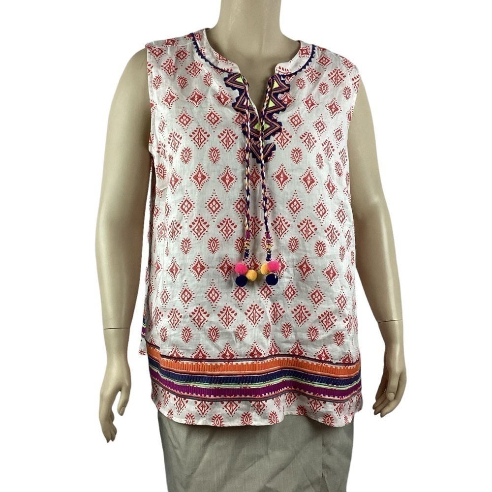 Chelsea & Theodore Linen Top Size 2X White Red Print